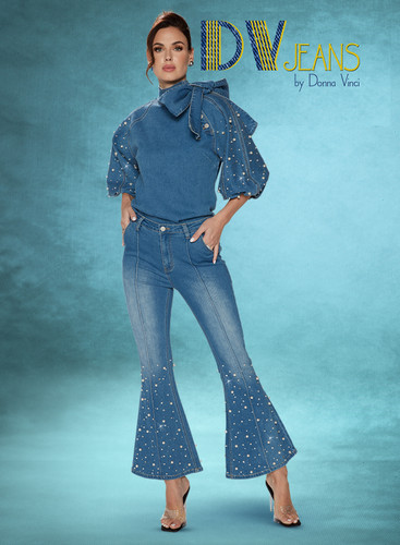 Donna Vinci 8490 2Pc Denim Pant Set-BLU