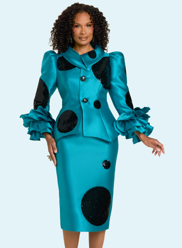Donna Vinci 12205 green suit with black sequin dots
