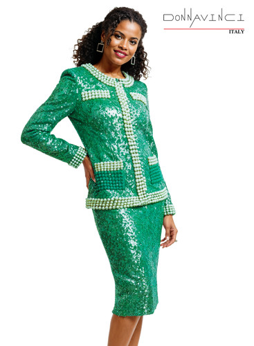 Donna Vinci 12234 peppermint sequin pearl-trimmed jacket skirt suit