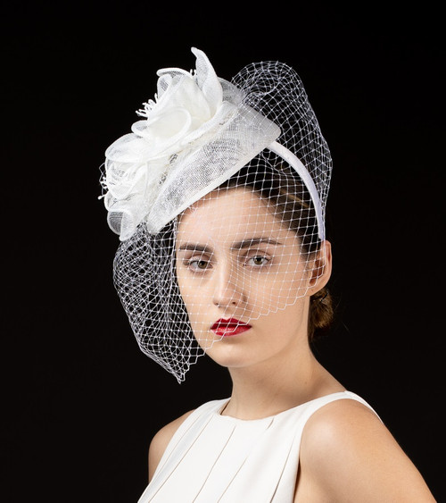H5848 Pillbox Fascinator with Veil - White - 2