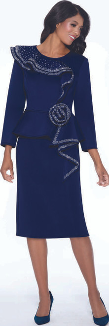 Stellar Looks 600461 Navy – Dramatic Ruffle & Rose Accent Peplum Dress

