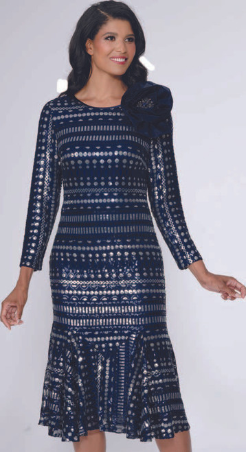 DN100621 Nubiano Dress – Navy blue novelty dress with metallic patterns and large shoulder rosette