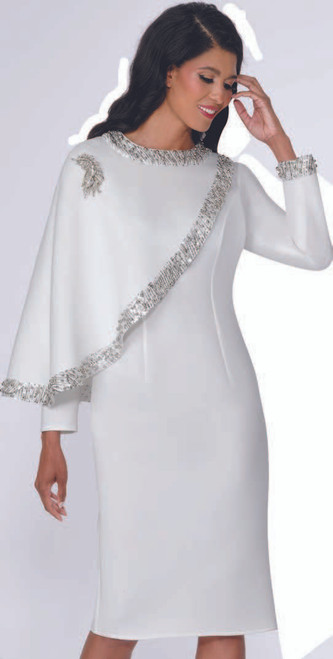 DN100431 Nubiano Dress – White Light Scuba with sequins -trimmed asymmetrical cape and brooch