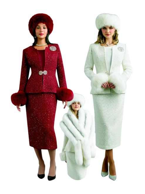 Lily & Taylor 5085 Tweed Skirt Suit with Sequin & Genuine Fox Cuffs