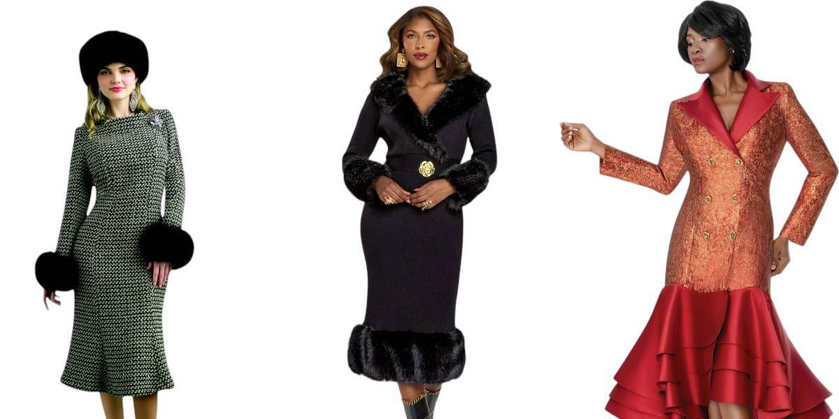 New Arrivals collage featuring elegant women’s church suits, dresses and hats for Fall 2025
