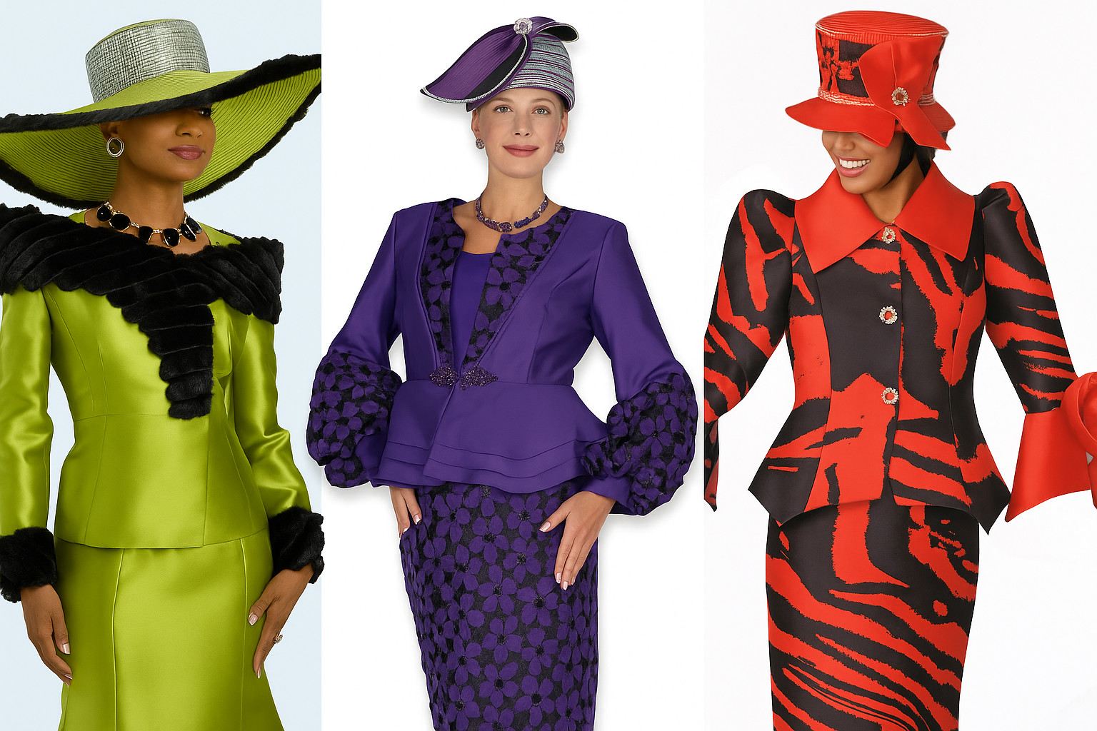 New arrivals collage—designer church suits, hats and dresses in bold seasonal colors New arrivals collage—designer church suits, hats and dresses in bold seasonal colors