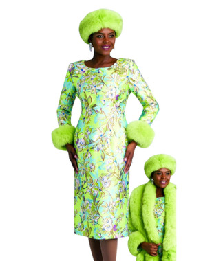 Lily and Taylor 4825P Print Dress with Genuine Removable Fox Fur Cuffs