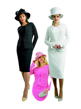 Lily & Taylor 838 Crochet Knit Skirt Suit with Rhinestone Jacket