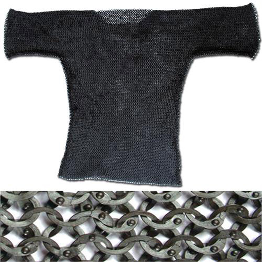 European Flat Ring Rivet Chain Mail Hauberk - Black