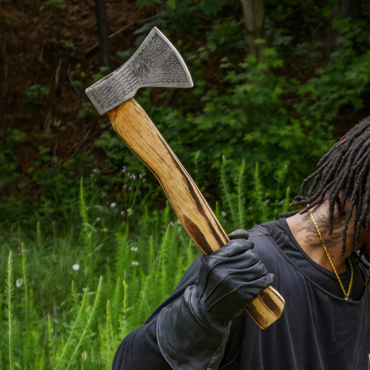 Snake Skull Warrior Bushcraft Axe Wood Burnt Handle