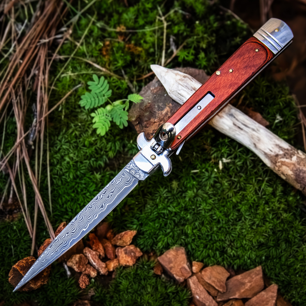 ベース DeliciousTaylormade PB69 BurgundyFizz Morning Glory Damascus Steel Stiletto Knife | Red Wood Handle