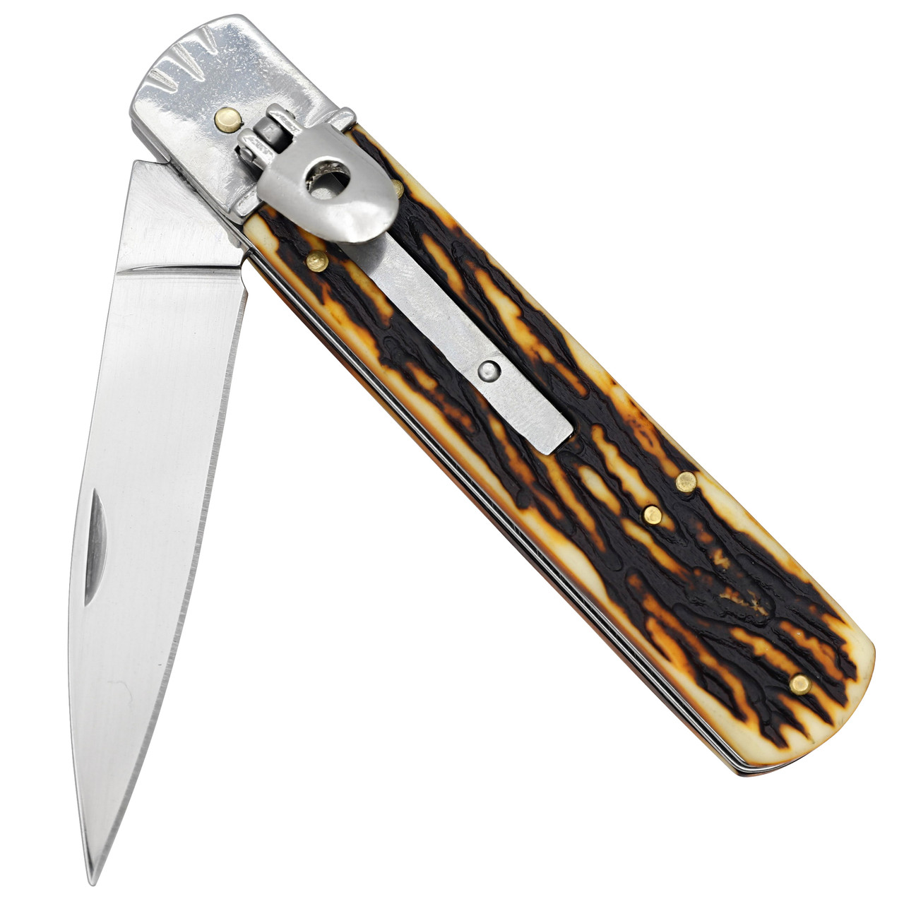 Saber Tooth Stainless Steel Lever Lock Automatic Knife – Faux Stag