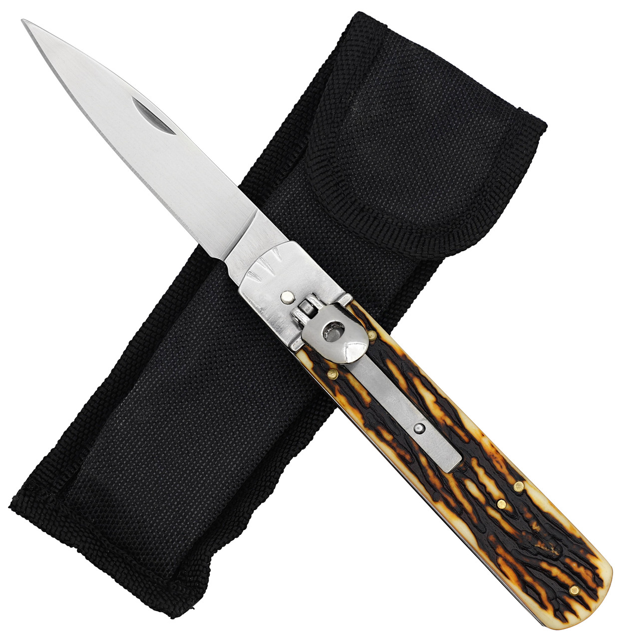 Saber Tooth Stainless Steel Lever Lock Automatic Knife – Faux Stag