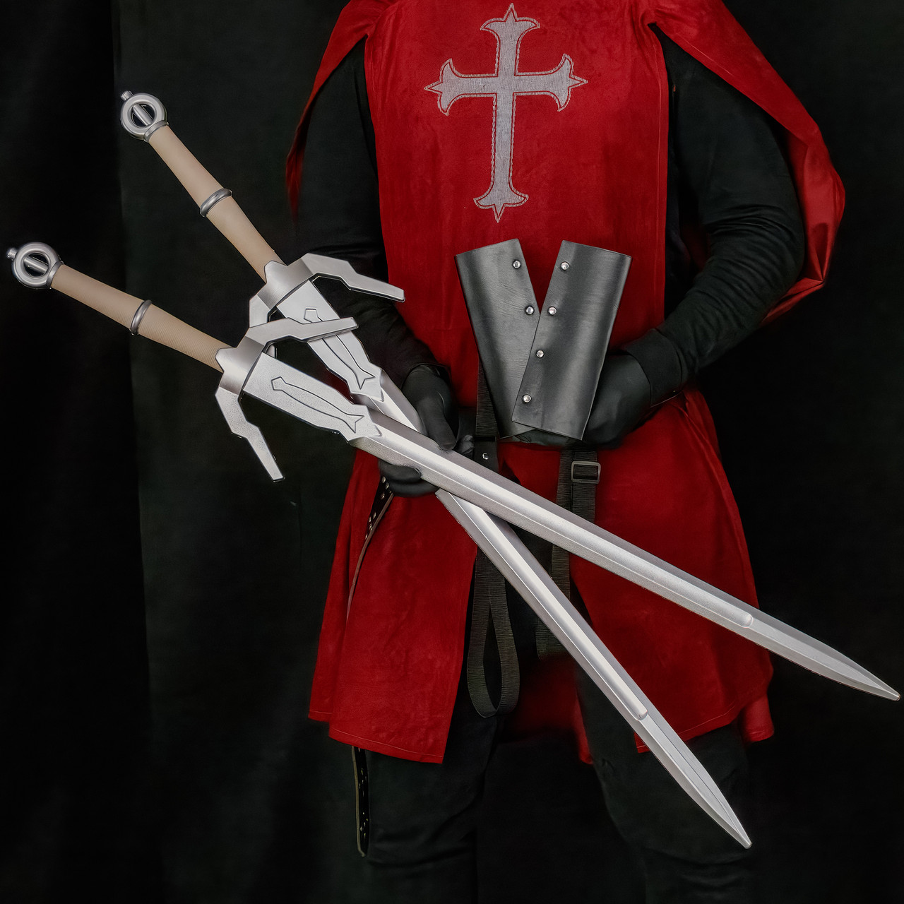 Dual Silver Wolf Fantasy Foam Swords with Double Back Strap Sheath
