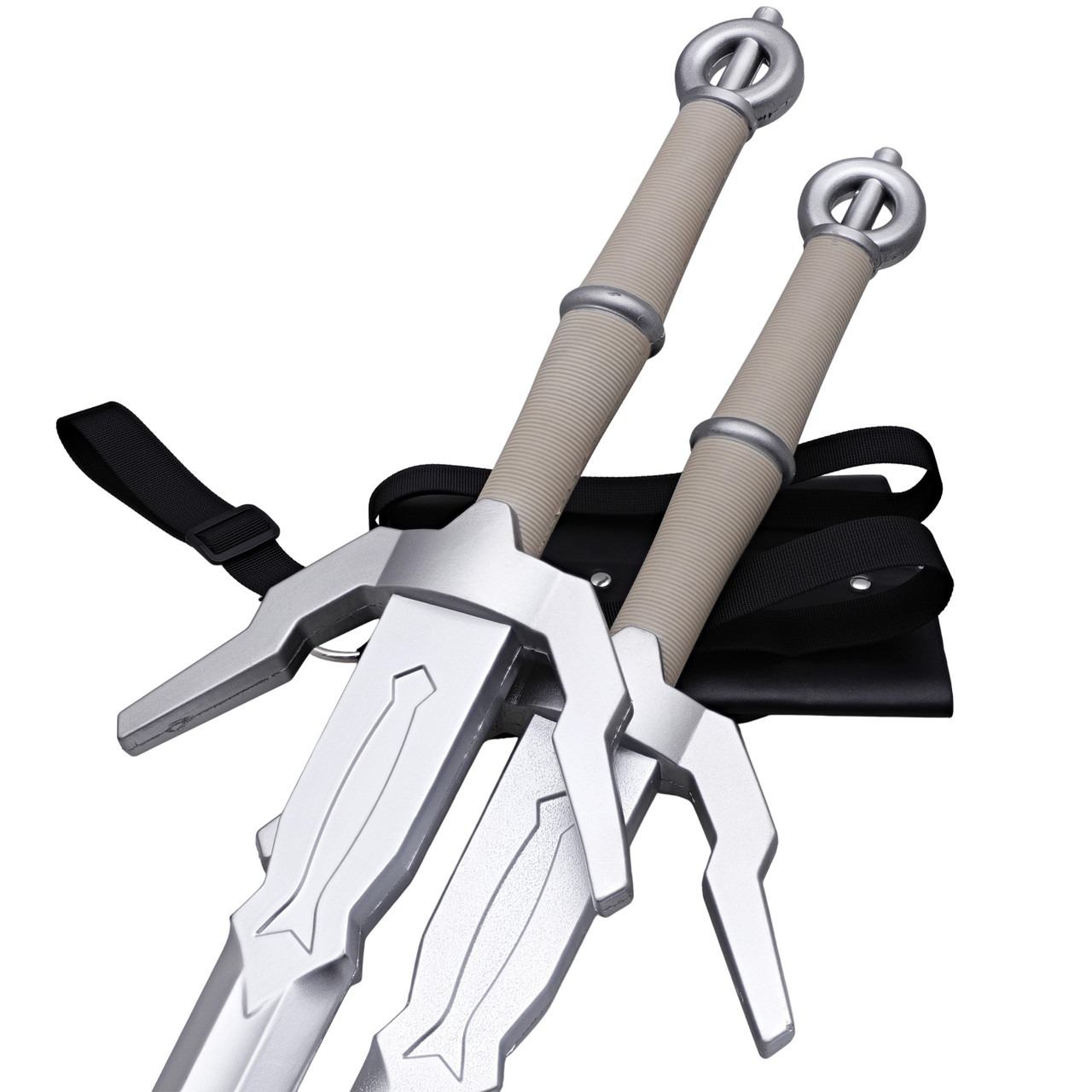 Dual Silver Wolf Fantasy Foam Swords with Double Back Strap Sheath
