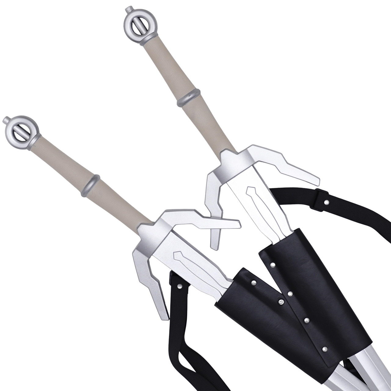 Dual Silver Wolf Fantasy Foam Swords with Double Back Strap Sheath