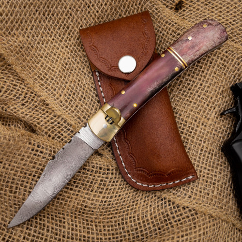Bleeding Sky Damascus Clip Point Automatic Switchblade Lever Lock Knife