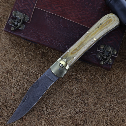Wooden Halo Damascus Clip Point Automatic Switchblade Lever Lock Knife