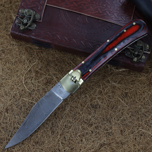Ember in Veins Damascus Clip Point Automatic Switchblade Lever Lock Knife
