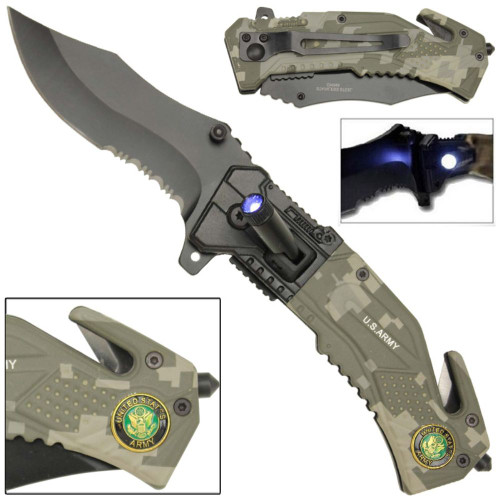 Spring Assist LED Tactical Rescue Knife US Army Camo