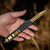 Burning Light Etched Damascus Pattern Gold Tanto Blade Automatic OTF Knife w/ Textured Non-Slip Handle & Black Nylon Sheath