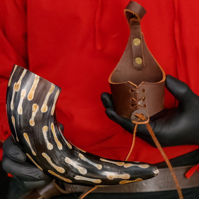 Fire Burned Medieval Drinking Horn with Brown Leather Holder