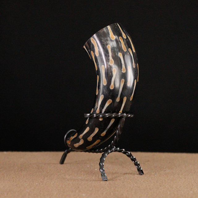 Fire Burned Medieval Drinking Horn with Metal Stand
