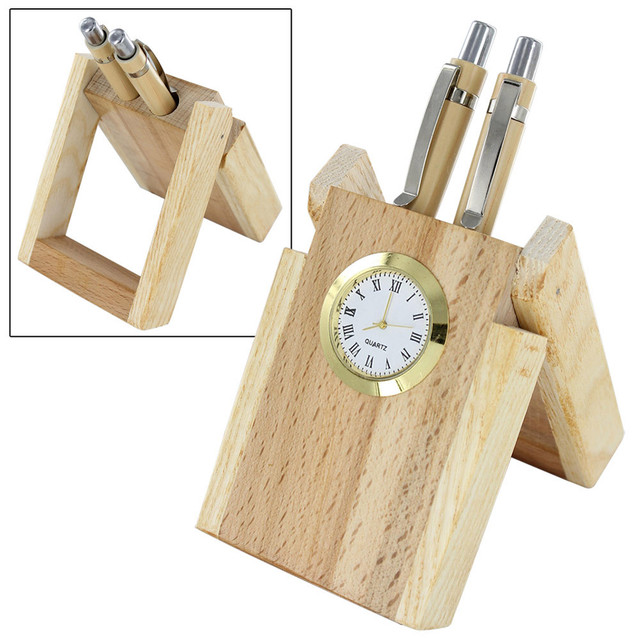 Executive Noble Wooden Double Pen Stand with Clock Executive Noble Wooden Double Pen Stand with Clock