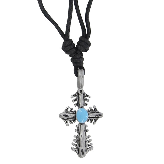Gothic Cross Pewter Necklace Blue Gothic Cross Pewter Necklace Blue