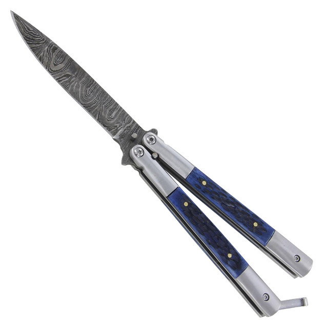 Damascus Steel Helter Skelter Butterfly Knife - SwordsSwords.com