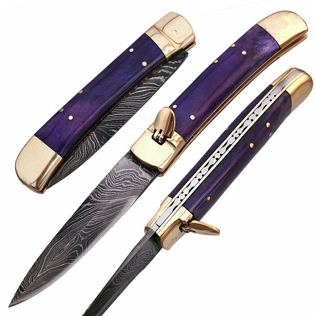 Automatic Damascus Purple Phantom Lever Lock Knife