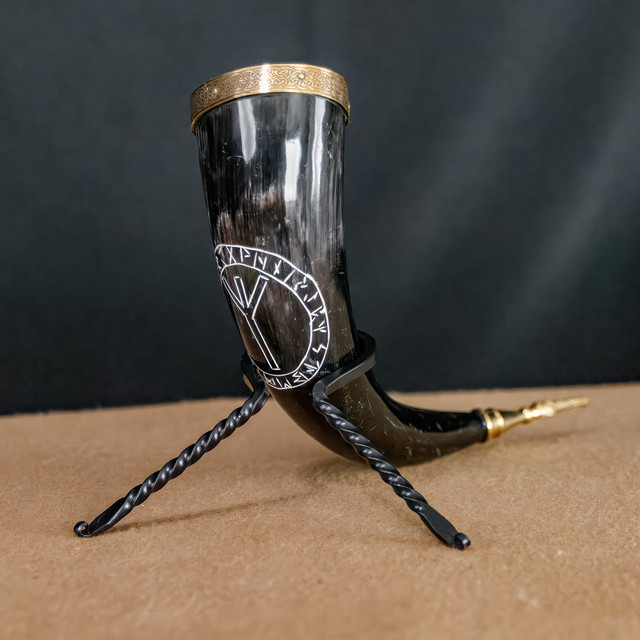 Algiz Protection Viking Handmade Stand Drinking Horn Set