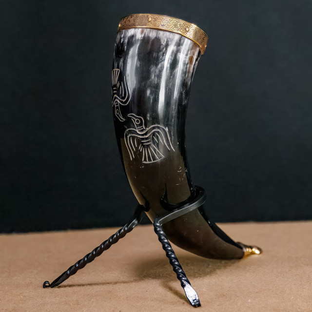 Odin’s Wisdom Viking Drinking Horn with Iron Stand – Brass Accents & Raven Art