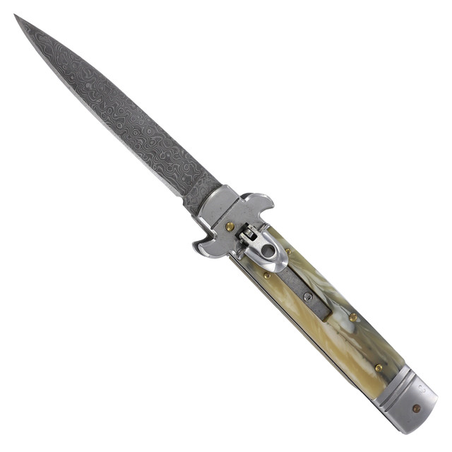 Rock Polish Damascus Steel Automatic Stiletto Lever Lock Knife