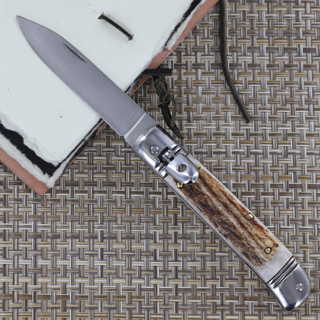 Ringing Forest Lever Lock Automatic Switchblade Knife with Real Stag Antler Handle