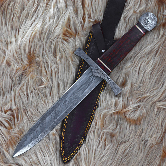 Damascus Steel Arming Dagger | Blended Steel Full Tang Short Sword with Leather Sheath