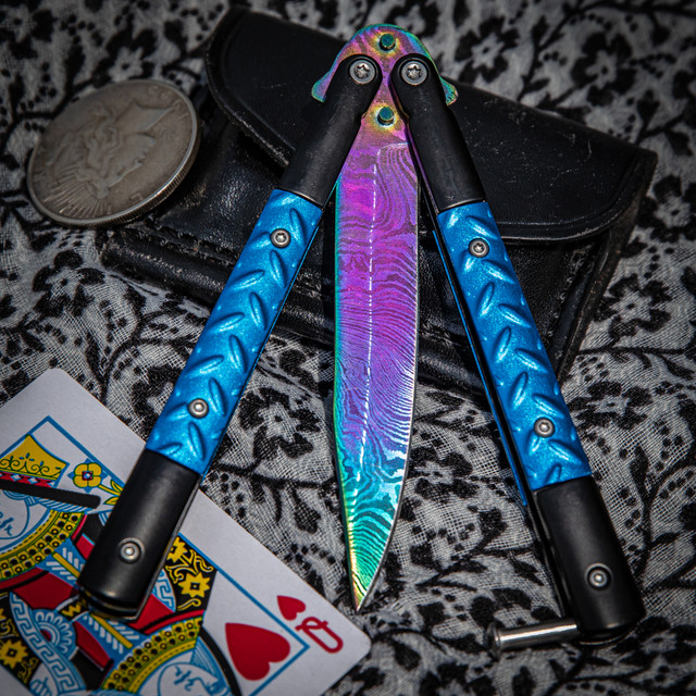 Azure Sky Butterfly Fanning Knife with Hard ABS Sheath | Titanium Damascus Steel | Drop Point