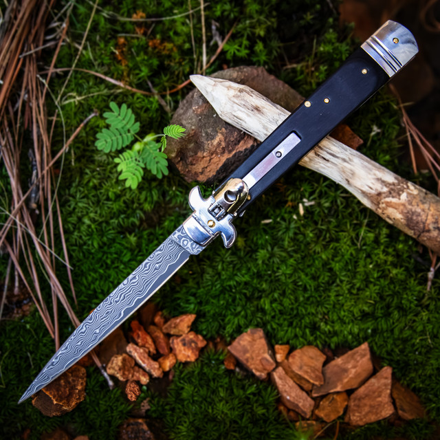 Sleepwalker Damascus Steel Automatic Stiletto Knife | Lever Lock & Black Wood Handle