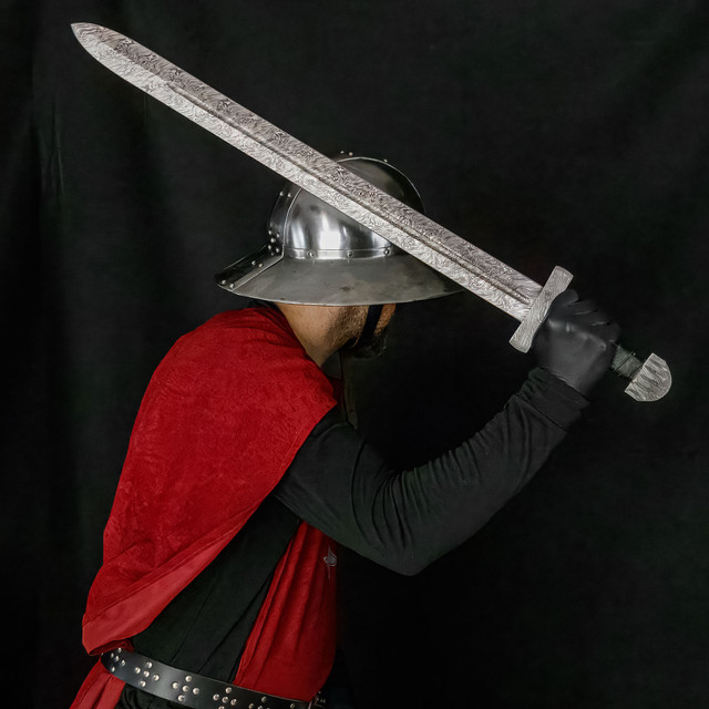 Arbitrary Provocation Hand Forged Firestorm Damascus Steel Medieval Sword w/ Black Genuine Leather Sheath