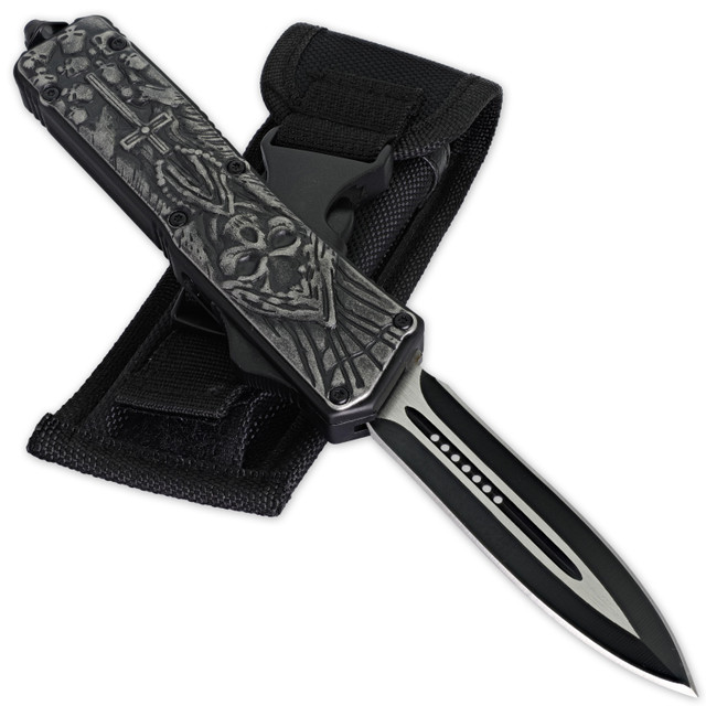 Unthinkable Atrocity Automatic Out the Front OTF Knife w/ Reaper Motif & Double-Edged Blade