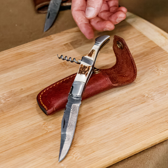 Natural Connection Hand Forged Damascus Steel Everyday Hunting Folding Knife w/ Authentic Staghorn Handle & Corkscrew