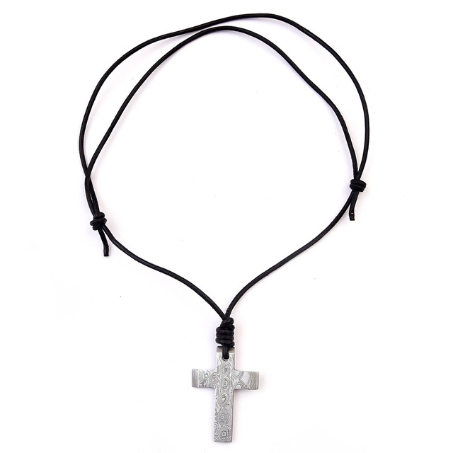Damascus Steel Cross Pendant Necklace w/ Adjustable Leather Cord