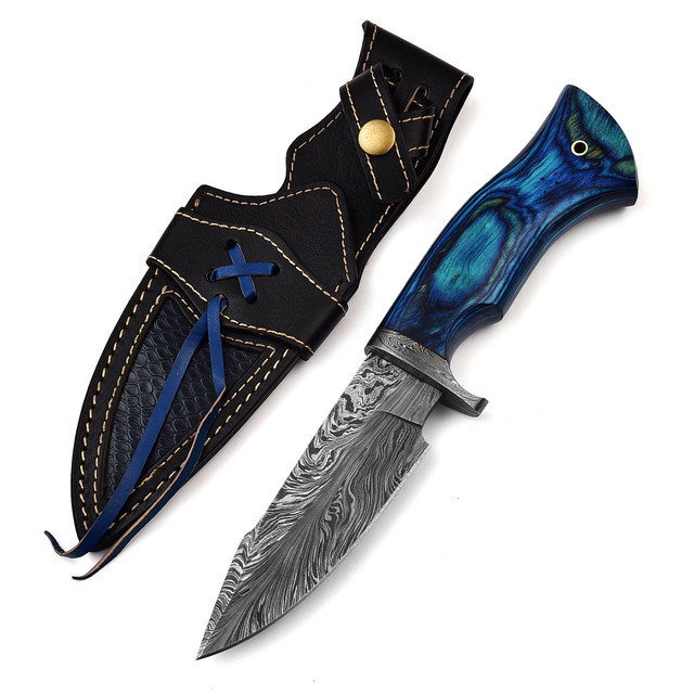 Cerulean Blaze Feather Damascus Steel Hunting Knife w/ Hand Tooled Leather Sheath
