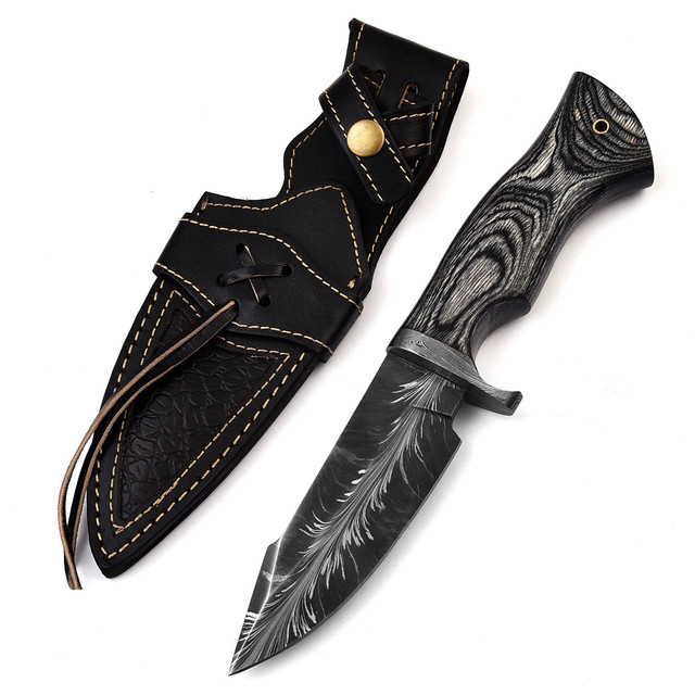 Cindered Crown Feather Damascus Steel Hunting Knife w/ Hand Tooled Leather Sheath