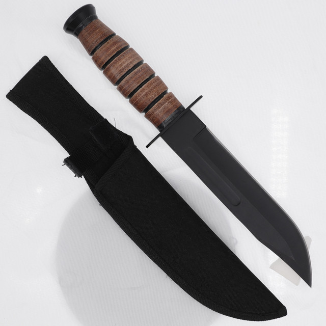Military Style Leather Handle Fighting Knife with Straight Edge & Nylon Sheath