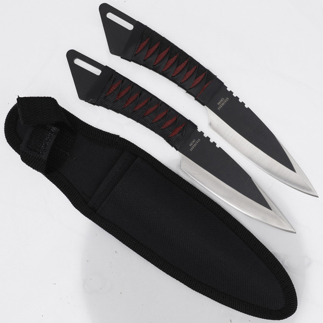 Red Cord Wrapped Twin Ninja Throwing Knives with Nylon Sheath