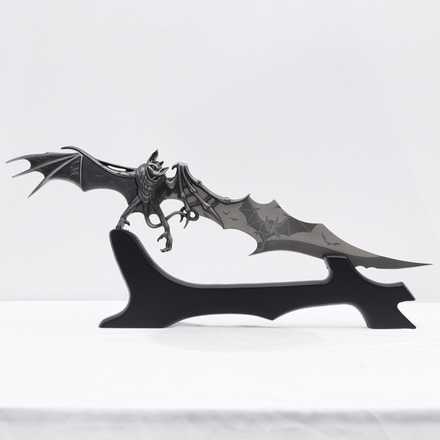 Ceremonial Bat Wing Fantasy Dagger with Etched Blade and Wood Display Stand