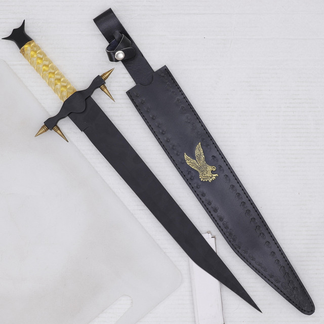 Golden Fang Fantasy Dagger with Black Blade and Brass Spikes