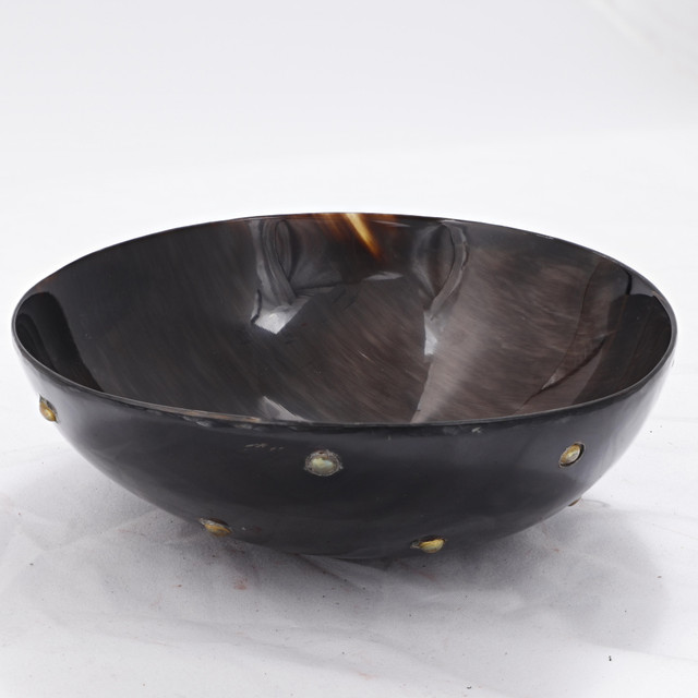 Polished Horn Bowl with Brass Inlays – Viking Medieval Dining Accessory