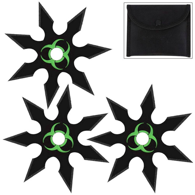 Biohazard Ninja Throwing Stars 3-Piece Set with Nylon Pouch
